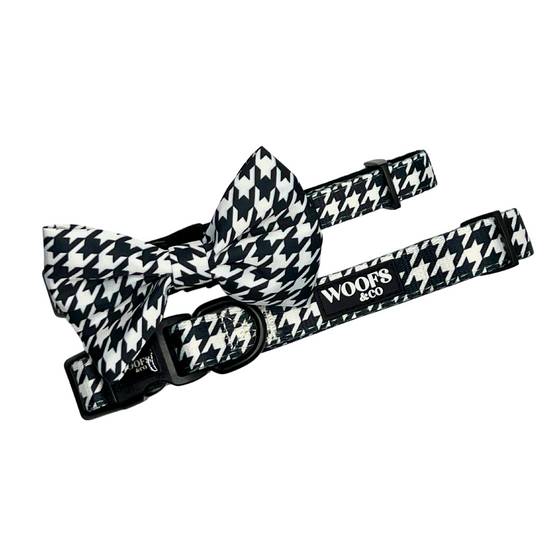 Halsband met bow-tie voor honden. Houndstooth black.